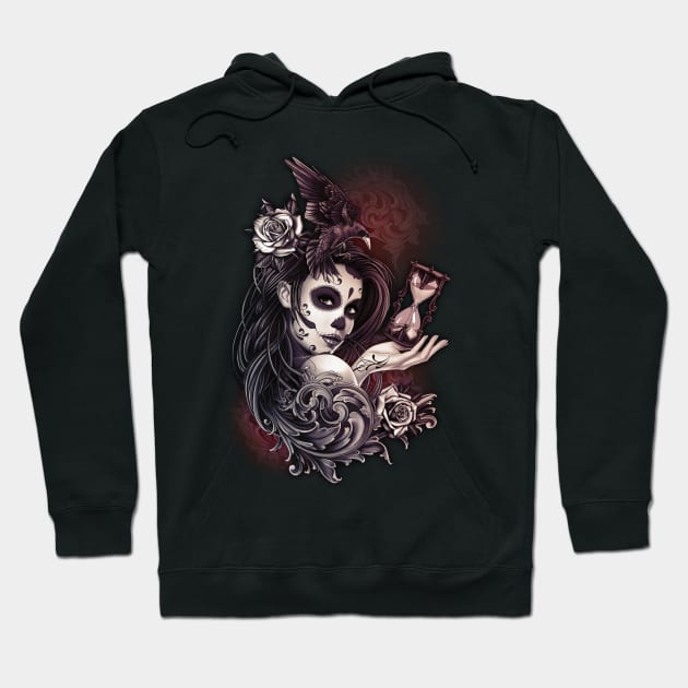 Sugar Skull day of the dead Girl with Crow Roses Hoodie by bomazu